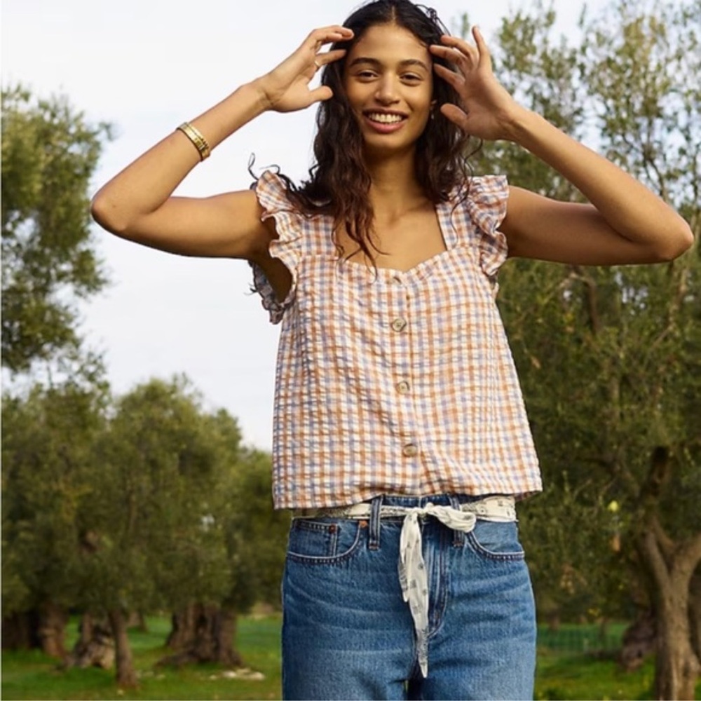 Madewell Gingham Seersucker Ruffle-Strap Button-Up Tank Top XS
